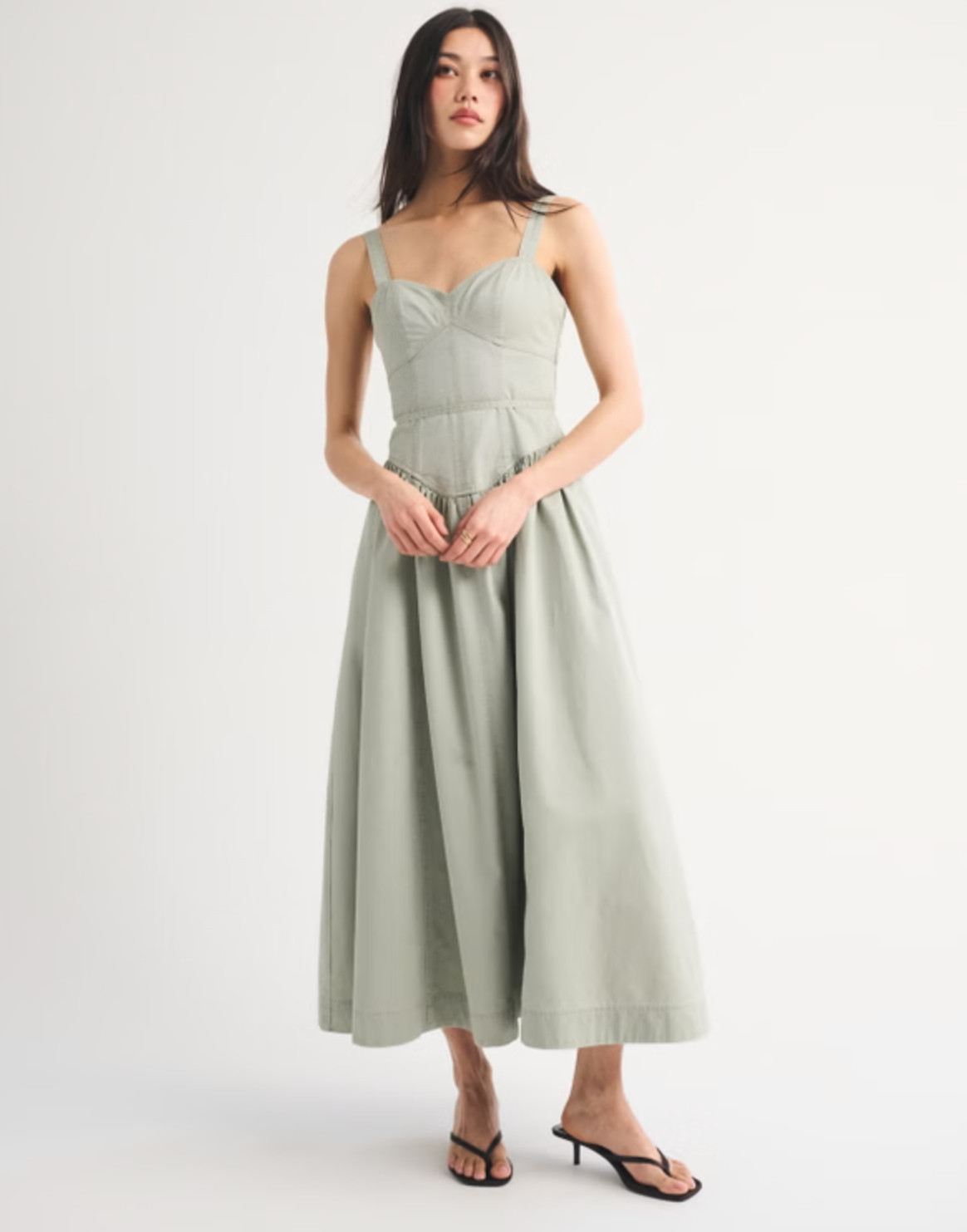 Such a flattering, feminine moment 🤍 The Abercrombie Twill Corset Midi Dress features a sweetheart neckline, structured corset details, and a tie waist that defines your shape perfectly. The flowy skirt adds the prettiest movement — perfect for brunch, events, or dressing up with heels ✨ 

 #LTKgrwm #LTKootd #LTKSaleAlert