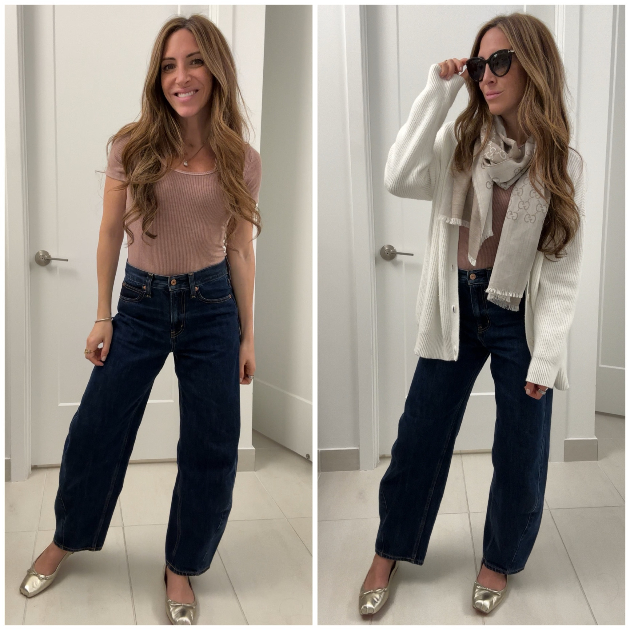 Wearing a mauve short sleeve bodysuit, dark rinse barrel jeans, gold ballet flats, oversized white sweater, light Italian wool scarf, cat eye sunglasses 