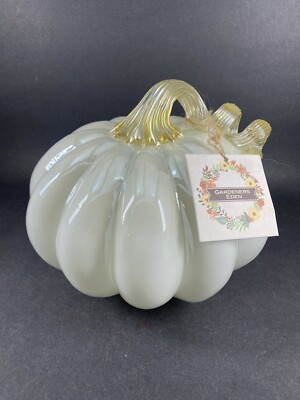 NWT Gardeners Eden Art Glass White Pumpkin Iridescent Yellow Curled Stem | eBay US