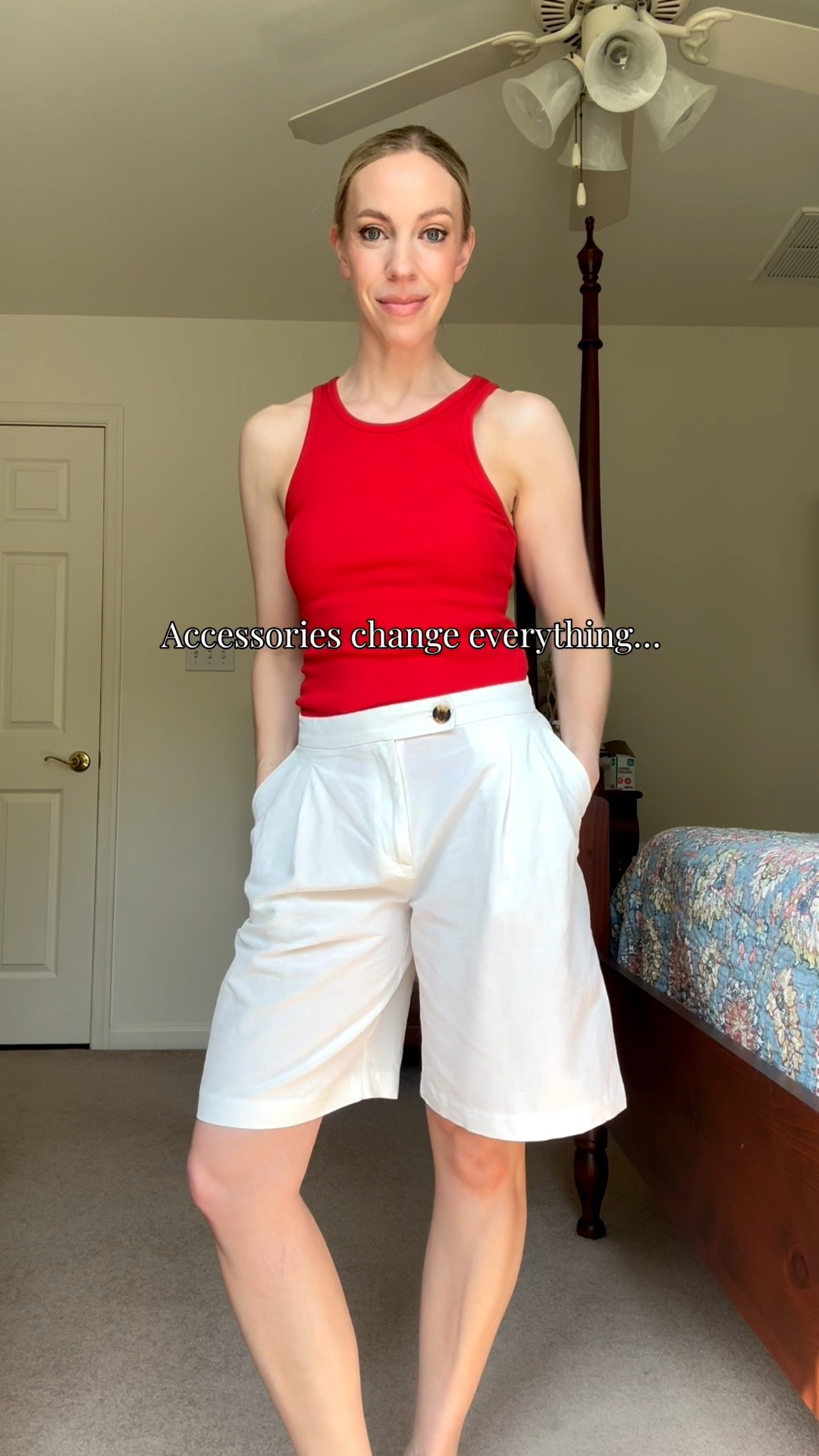 Three outfits using the same red tank and white linen bermuda shorts - wear these for a beach vacation or summer date night

#LTKOver40 #LTKgrwm #LTKTravel