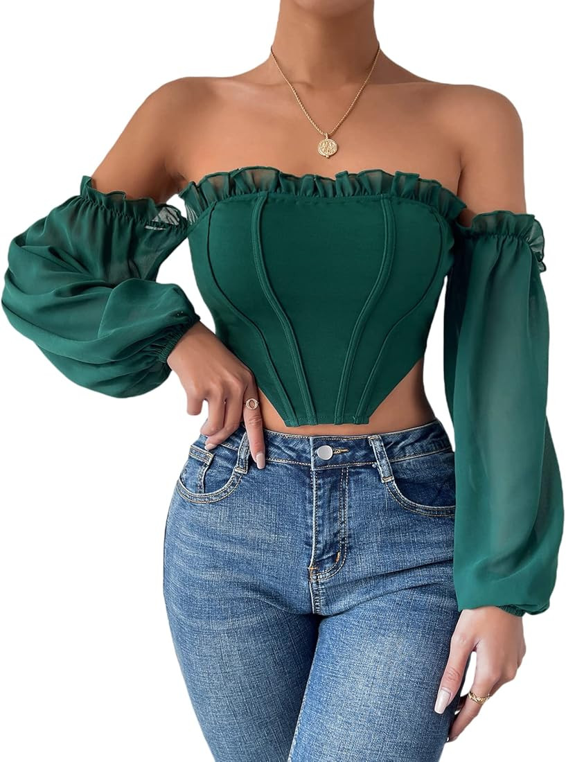 Women's Off Shoulder Frill Trim Long Sleeve Asymmetrical Hem Corset Crop Top Blouse | Amazon (US)