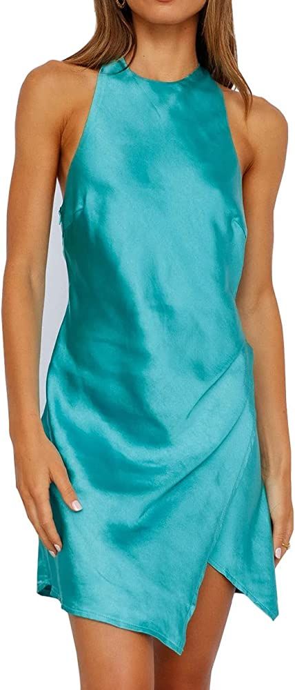 Satin Halter Tie Neck Backless Mini Dresses- Sexy Slit Ruched Open Back Twist Silk Formal Short D... | Amazon (US)