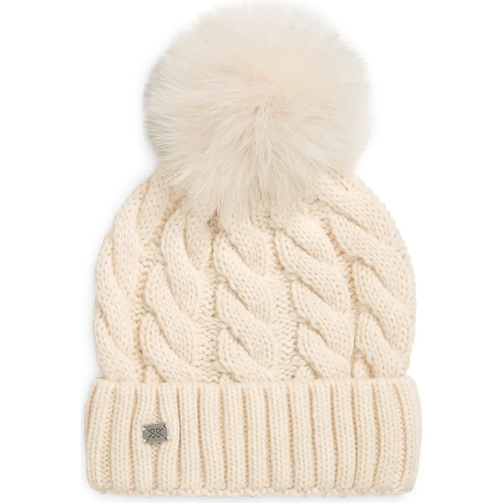 Soia & Kyo Amalie Wool Blend Cable Knit Pom Beanie in Powder at Nordstrom | Nordstrom