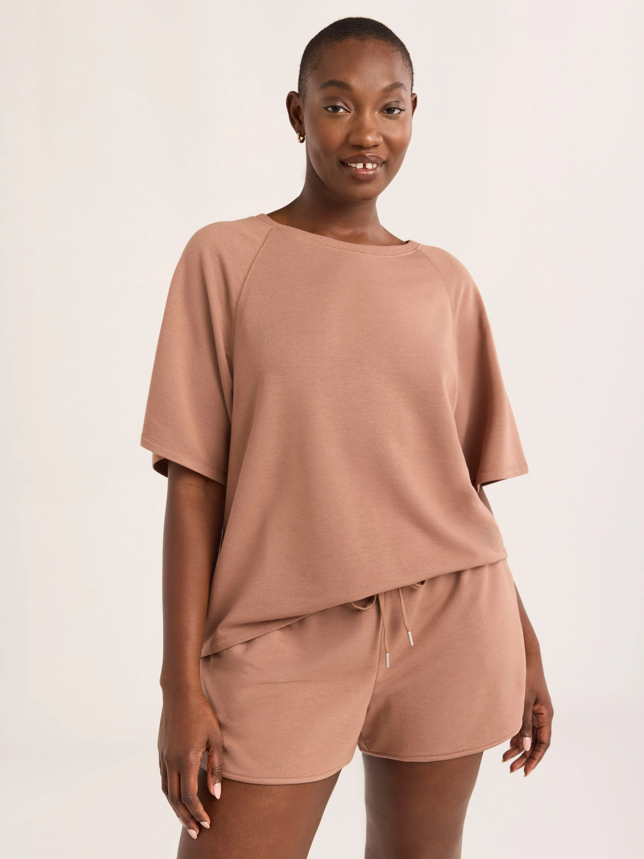 Joyspun Women's French Terry Short Sleeve Top and Shorts Set, 2-Piece, Sizes XS-3X | Walmart (US)