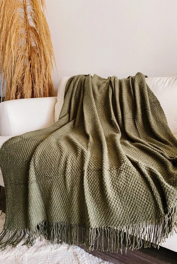 Olive green throw blanket | green fringe blanket | Rustic throw blanket | fall throw blanket | Etsy (US)