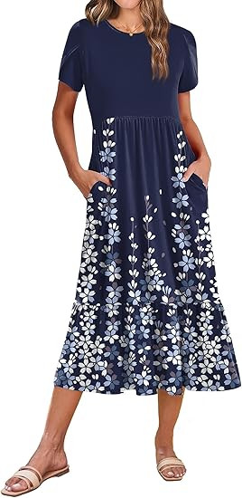 Zeagoo Women Summer Midi A Line Dress Short Sleeve Casual Flowy Tiered Beach Long Sundress with P... | Amazon (US)