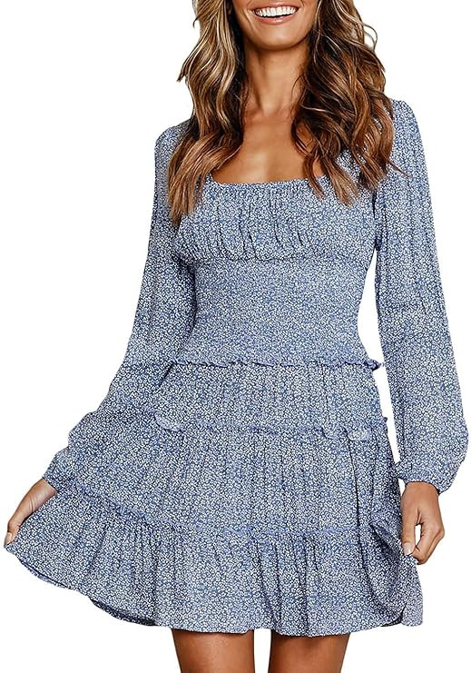Carprinass Women Floral Printed Dress Square Neckline Long Sleeve Ruffle Boho Mini Dress | Amazon (US)