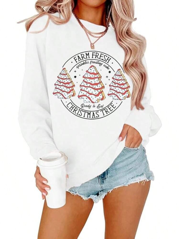 Farm Fresh Christmas Tree Cakes Sweatshirt Woman Christmas Crewneck Sweater Xmas Gifts Top Casual Long Sleeve Tops | SHEIN