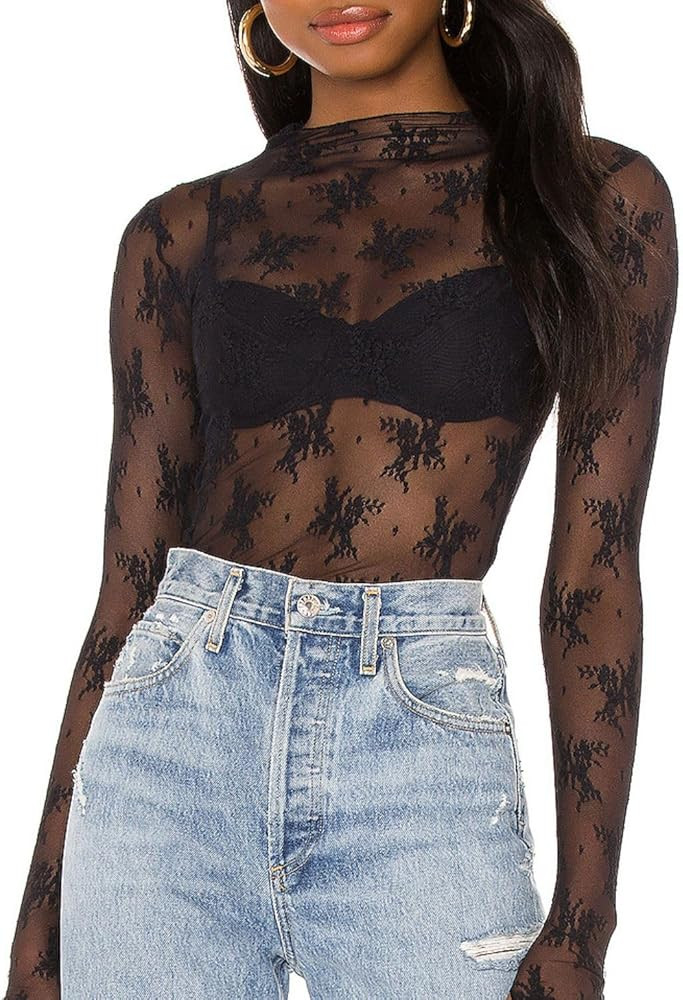 Naileksi Women Sexy Sheer Mesh Layering Top Long Sleeve High Neck Lettuce Trim See Through Floral... | Amazon (CA)