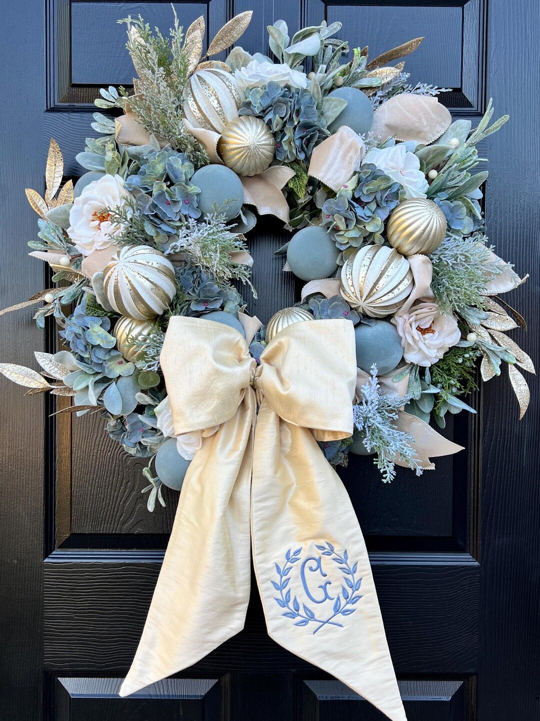 Luxe Blue and Cream Christmas Wreath With Optional Alabaster Silk Monogrammed Wreath Sash - Etsy | Etsy (US)