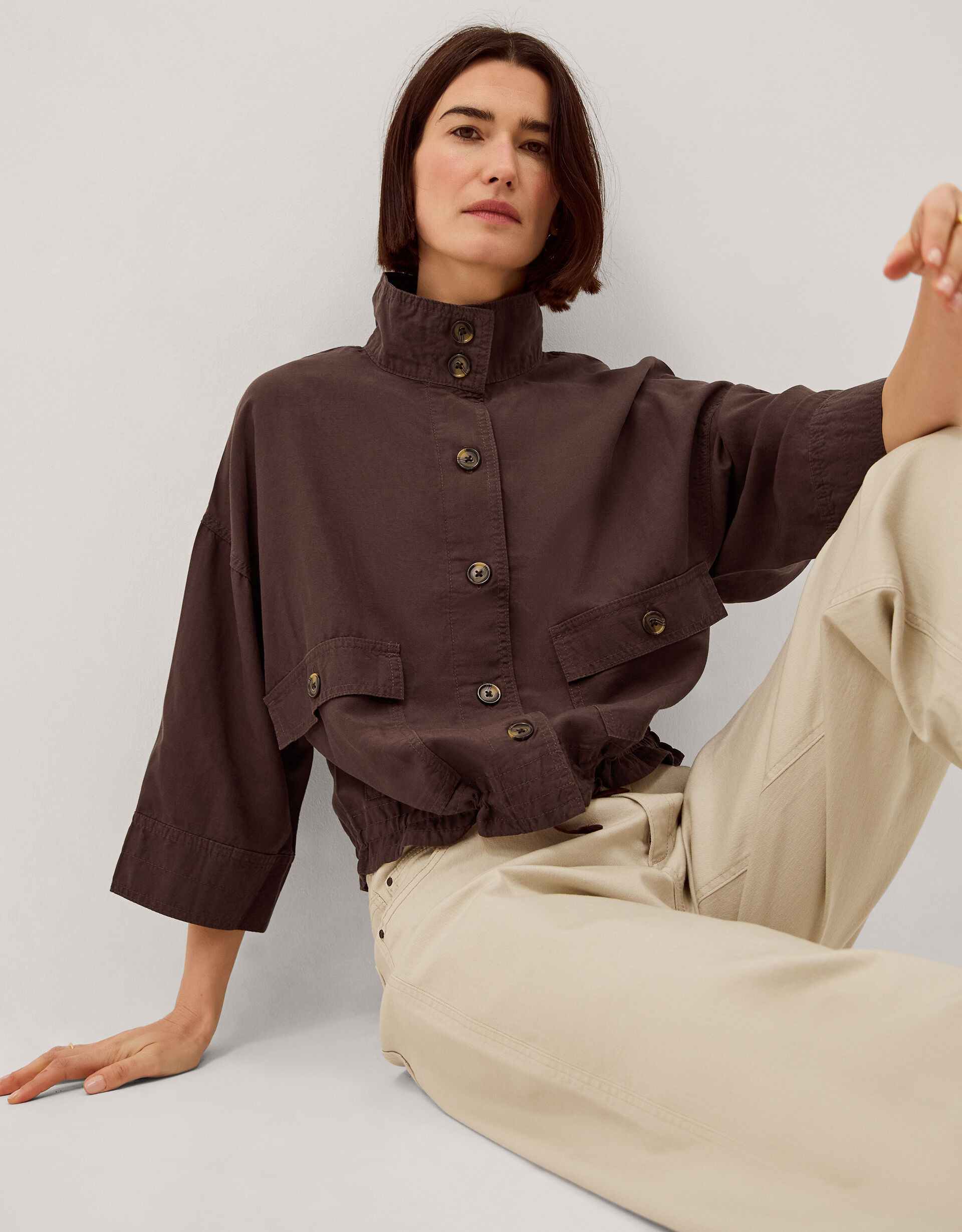 Marie Funnel Neck Linen Blend Jacket Brown | Monsoon (UK)