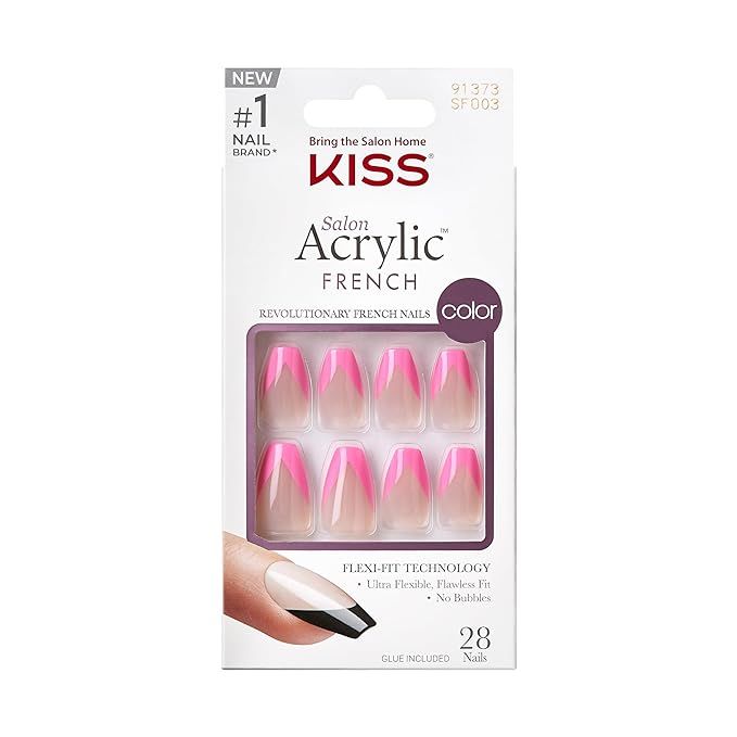 KISS Salon Acrylic French, Press-On Nails, Nail glue included, Squared', Light Pink, Medium Size,... | Amazon (US)