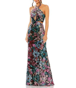 Mac Duggal Criss Cross Halter Sleeveless Cut Out Embellished Sequin Sheath Gown | Dillard's | Dillard's