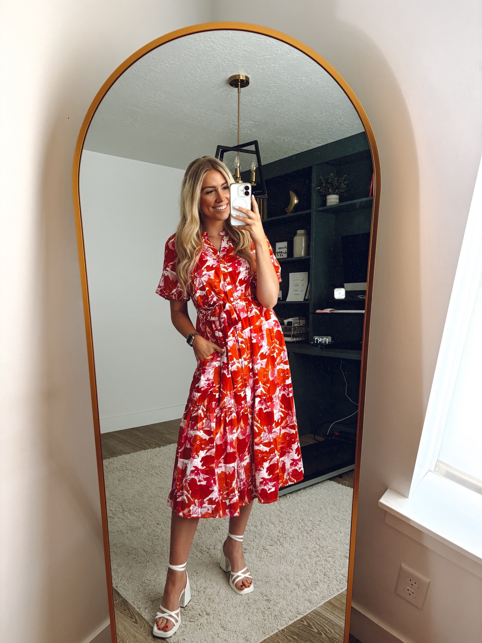 This dress can be dressed up or down!! More colors! Wearing usual size M
Heels: true to size 

| church outfit | wedding guest dress | teacher outfit | white heels 

#LTKFindsUnder100 #LTKSeasonal #LTKWorkwear