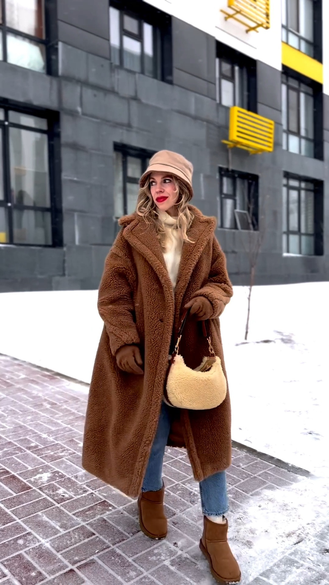 Teddy coat, Max Mara teddy coat, shearling bucket hat, slim straight leg jeans with Ugg mini boots, shearling handbag, cozy winter outfit 

#LTKootd #LTKOver40 #LTKSeasonal
