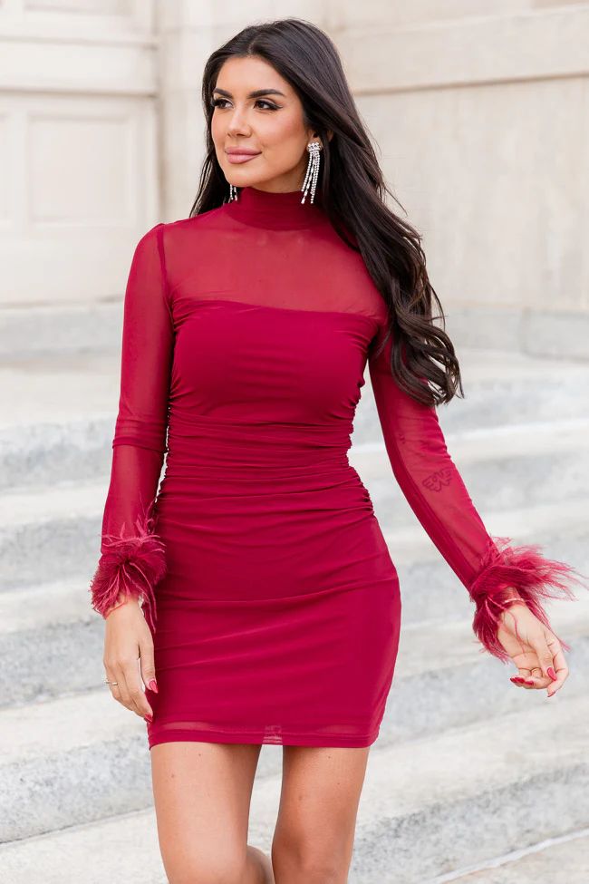 Ready Or Not Wine Mesh Long Sleeve Fur Trim Mini Dress | Pink Lily