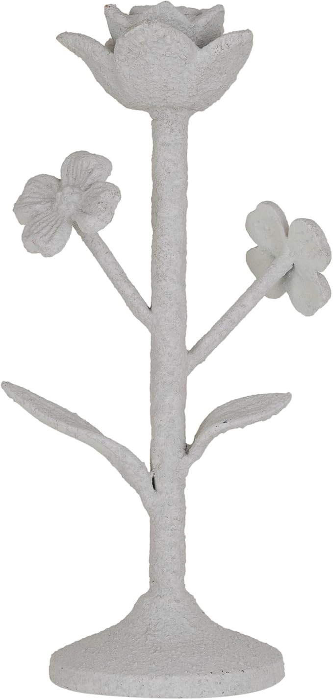 Creative Co-Op Cast Metal Flower Taper Candle Holder with Flowers, White | Amazon (US)