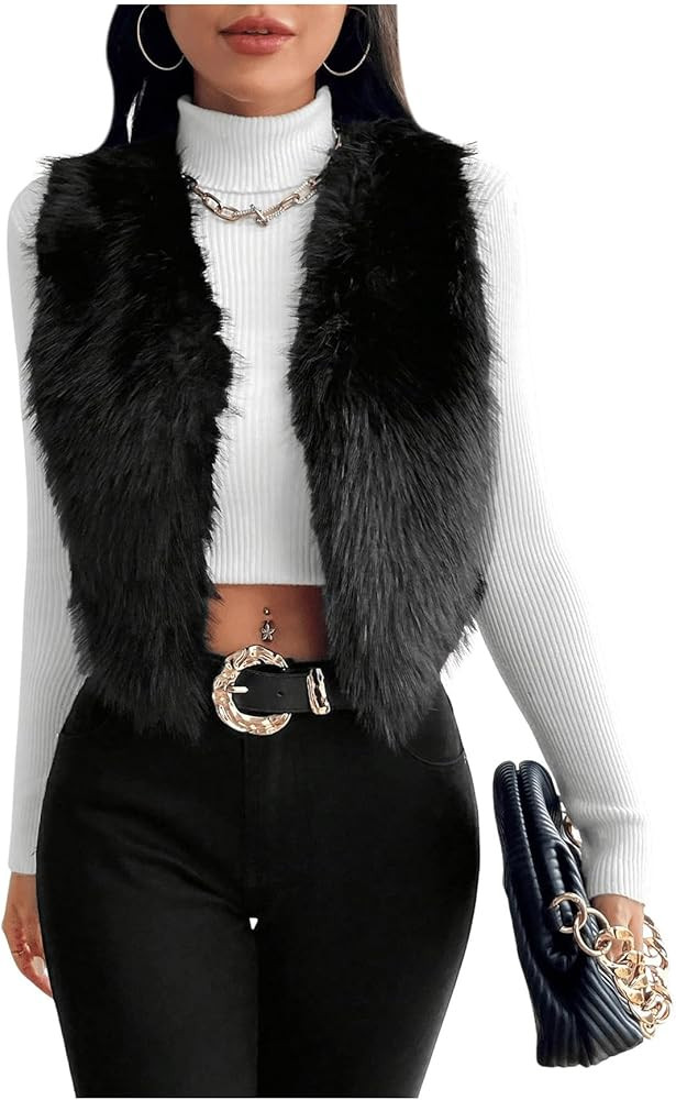 Verdusa Women's Fuzzy Faux Fur Vest Jacket Sleeveless Open Front Waistcoat Outerwear, Amazon Vest,  | Amazon (US)