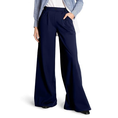 Navy Wide Leg Dress Pants for Women Elastic Waist Stretch Pull on Work Pants Casual Flowy Palazzo Trousers with Pockets Comfy Work Pants Wide Leg Pants Women Dressy Business Casual Outfits | Amazon (US)