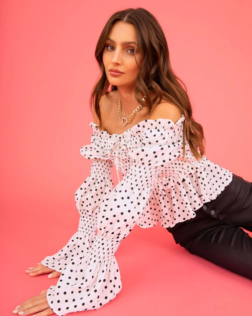 Amalia Polka Dot Smocked Off The Shoulder Top - White | VICI