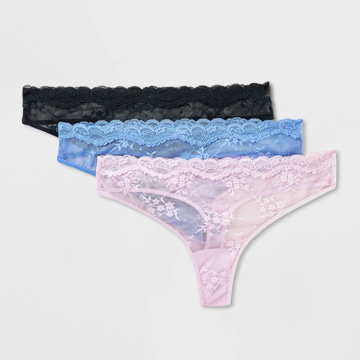 Women's 3pk Lace Thong Underwear - Wild Fable™ Black/Blue/Lilac | Target
