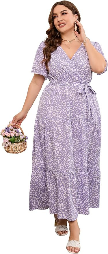 KOJOOIN Women Plus Size V Neck Wrap Maxi Dress Flutter Short Sleeve High Waist Ruffle Summer Casu... | Amazon (US)