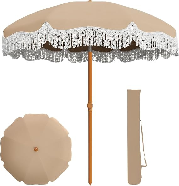 7ft Patio Umbrella with Fringe, UPF50+ Beach Umbrella for Table, Pool & Garden, Portable Outdoor ... | Amazon (US)