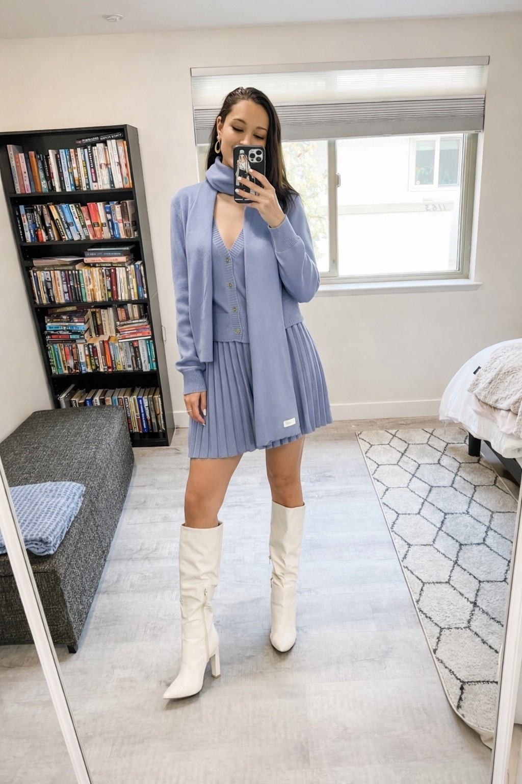 Periwinkle pleated skirt and cardigan paired with a matching scarf from Lulus is a perfect outfit for the city! 

#LTKgrwm #LTKootd #LTKdayinmylife