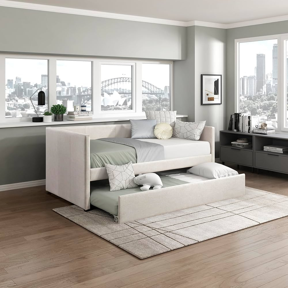 Lexicon Upholstered Daybed with Trundle, Textured Fabric Twin Day Bed Frame with Backrest and Woo... | Amazon (US)