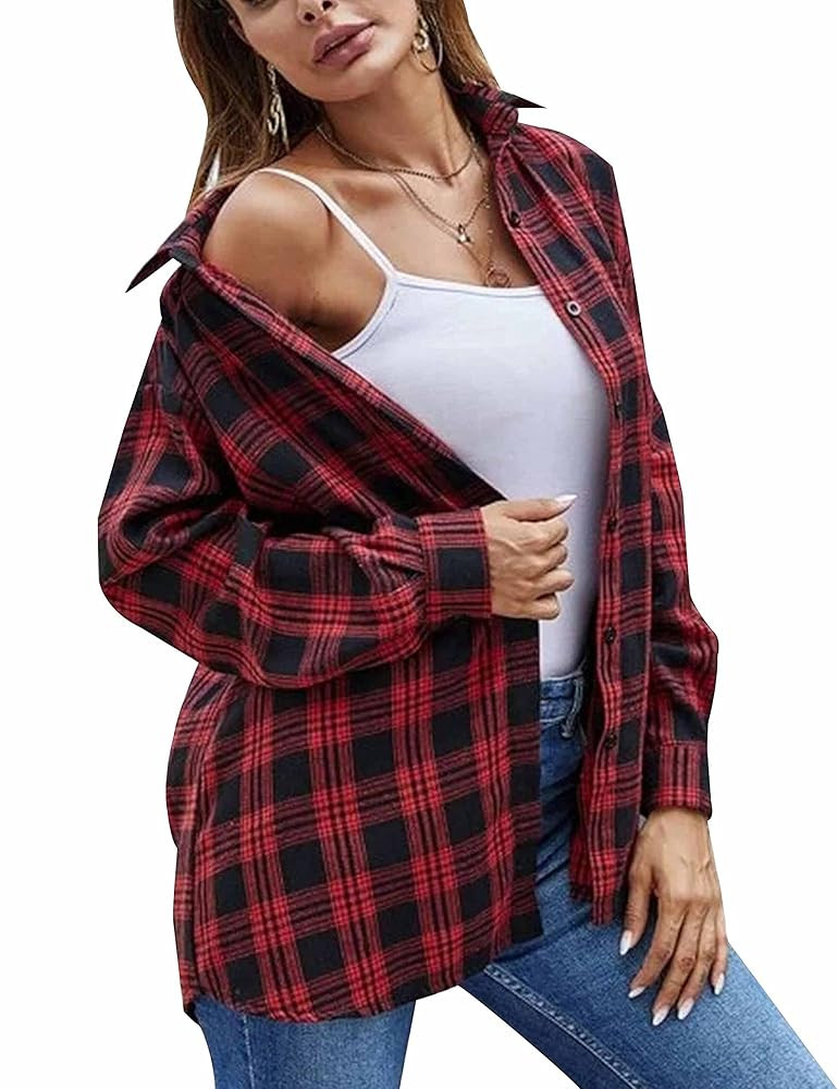 HangNiFang Womens Flannel Plaid Shirts Oversized Button Down Shirts Blouse Tops | Amazon (US)