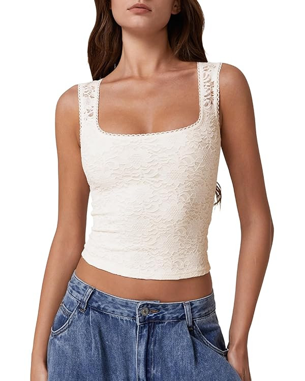 QINSEN Womens Lace Trim Square Neck Sleeveless Tank Tops Double-Layer Slim Fit T Shirt Crop Tops | Amazon (US)