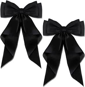AYNKH 2 PCS BLACK Big Bow Hair Clips with Long Silky Satin, Solid Color French Barrette Simple Ha... | Amazon (UK)