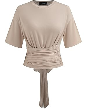 CIDER Crop Tops for Women Ruched Knotted Short Sleeve Tee Solid Top Knit Fabric Crew Neck Blouse ... | Amazon (US)