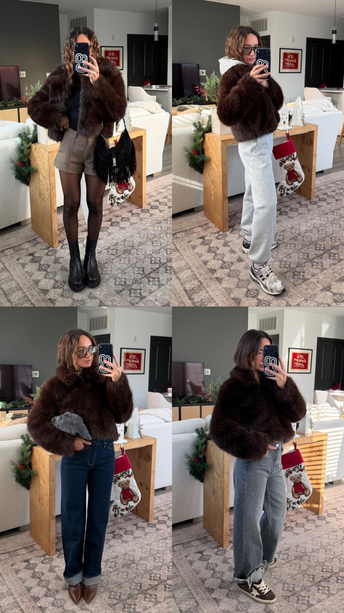 How I wore my faux fur coat this week! I wear XS! 24 in shorts and both jeans🤎