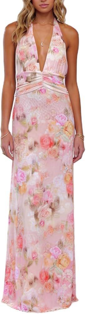 Womens Halter Floral Maxi Dress Deep V Neck Backless Bodycon Long Dresses Y2k Formal Cocktail Goi... | Amazon (US)