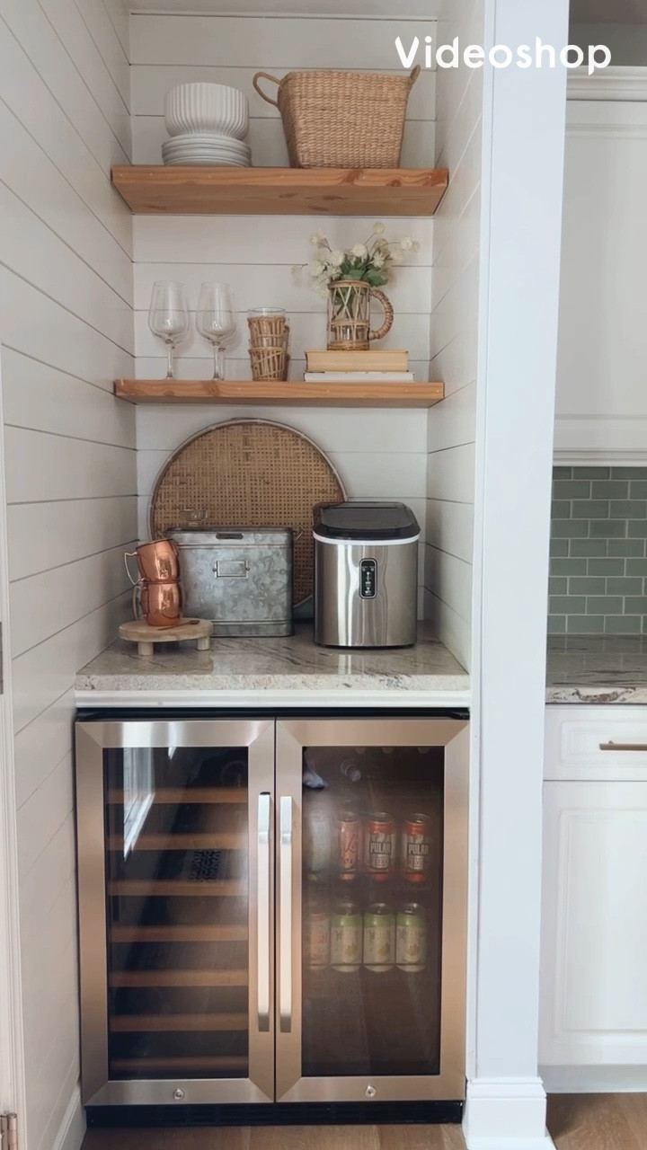 Our wine fridge and beverage refrigerator is a Way Day Deal!

My husband built our own floating shelves using steel shelf brackets from Amazon. 

Concealed shelf support, wine fridge, beverage station, beverage refrigerator, wine cooler, wine refrigerator with glass doors and natural wood shelves. Countertop ice maker, ice maker machine, compact portable ice maker with ice scoop, kitchen counter decor, kitchen appliance, floating shelves, coppered hammered Moscow mule mug, flat wicker basket, bamboo shallow tray basket, cane drink ware, cane pitcher, hand woven cane pitcher, cane wrapped pitcher, cane glassware, ceramic bowl, fluted ceramic planter. 
#wayday #amazon #walmart 

#LTKsalealert #LTKFind #LTKhome