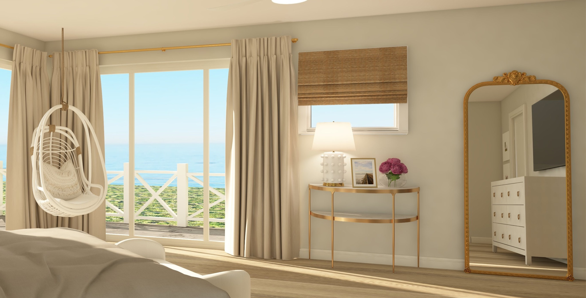 Coastal Master Bedroom including products from Serena and Lily, Anthropology, Home, Amazon. Neutral decor with gold accents, hobnail lamp, rattan blinds, Amazon-famous curtains

#LTKhome #LTKfamily #LTKstyletip