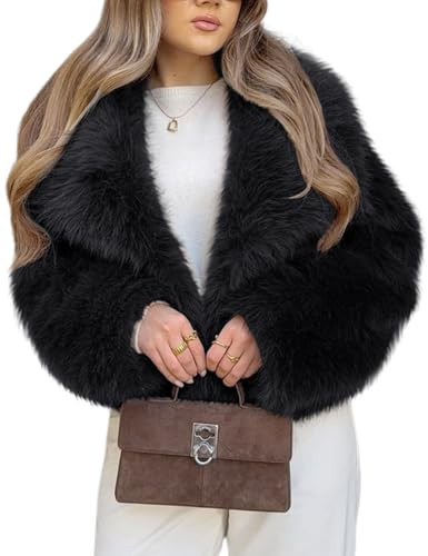 Arssm Women Fluffy Faux Fur Coat Long Sleeve Open-Front Winter Cropped Coat Short Fur Fuzzy Jacket(Black-S) | Amazon (US)