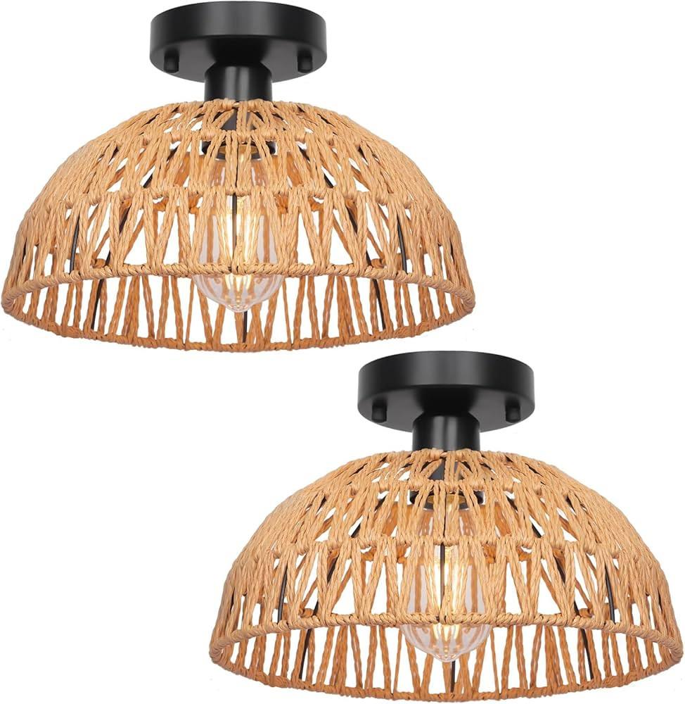 Rattan Ceiling Light Fixtures 2 Packs, Rustic Woven Basket Flush Mount Ceiling Light, Handmade Wi... | Amazon (US)