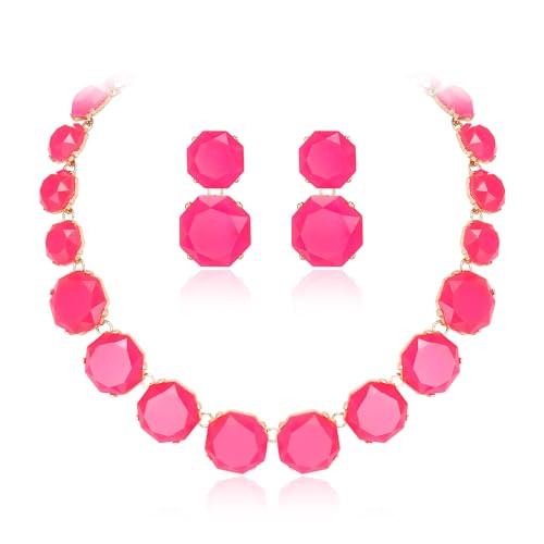 Flyonce Hot Pink Rhinestone Statement Choker Necklace Earrings Set, Round Crystal Art Deco Costume Jewelry Sets for Women | Amazon (US)