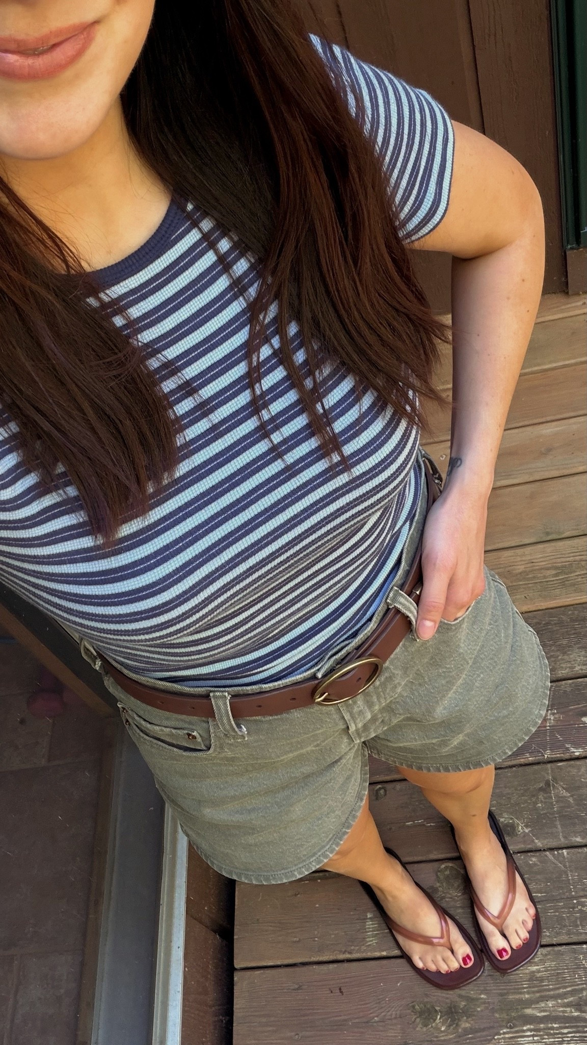 Simple easy summer outfit for an afternoon with my in laws at their cabin! green jean shorts on sale! Shirt is harbor navy stripes. S top, 27 shorts, waterproof jelly sandals tts

#LTKSaleAlert #LTKPetite #LTKSeasonal