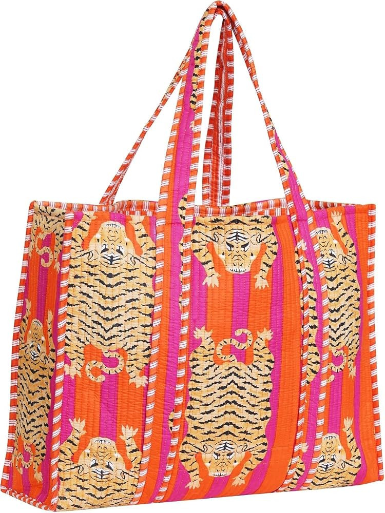 Cotton Tiger Block Print Tote Bag, Handmade Indian Shoulder Bag, Market Shopping Bag | Amazon (US)