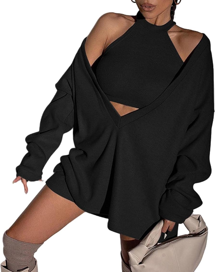 ECDAHICC Women's Two Piece Outfits Knitted Halter Neck Crop Tank Tops and Oversized Off Shoulder Dee | Amazon (US)