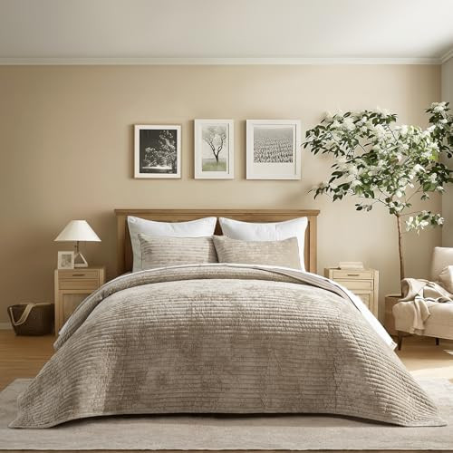 EVERGRACE Velvet Quilt Set King Size, Luxurious Soft Striped Channel Bedding Set, Lightweight Velvet Comforter for All Season, Oversized Bedspread Coverlet with 2 Matching Shams, Beige Taupe | Amazon (US)