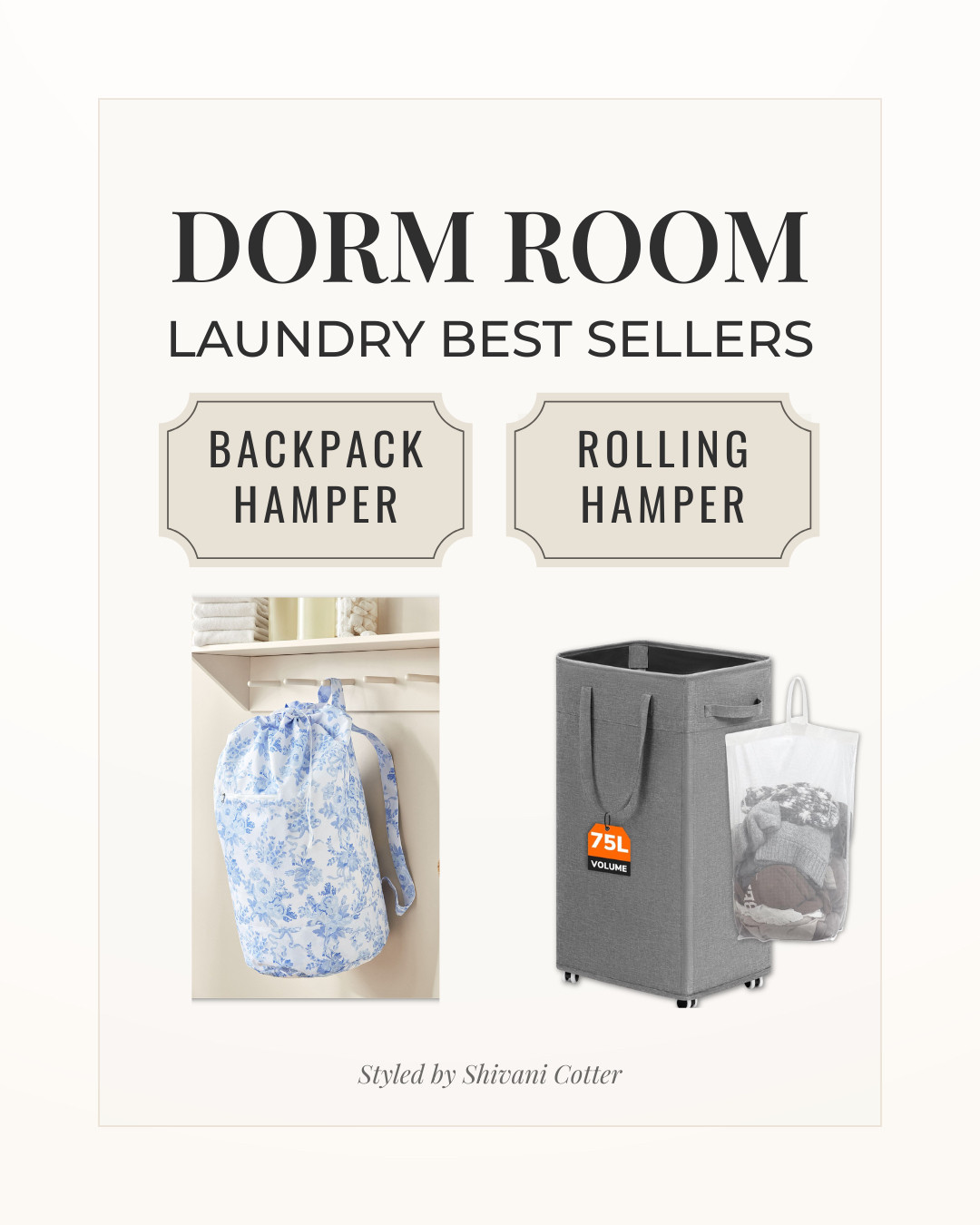 DORM ROOM ESSENTIALS | LAUNDRY BASKET

Two Laundry Hampers That Work Best for Dorm Life
One thing students don’t always think about until they move in is how they’re actually going to carry their laundry.
These two options are some of the most popular dorm solutions.
The backpack hamper makes it easy to carry clothes to the laundry room hands free, especially in larger dorm buildings. The rolling hamper is great for heavier loads and saves a lot of effort when the laundry room is down the hall or on another floor.
Both are practical, space saving, and perfect for dorm living.
If you’re putting together your dorm move in list, this is one item that makes everyday life much easier.
College dorm essentials | Dorm move in checklist | Dorm organization ideas | College apartment basics | Dorm room must haves
#dorm #laundry 

 #LTKHome