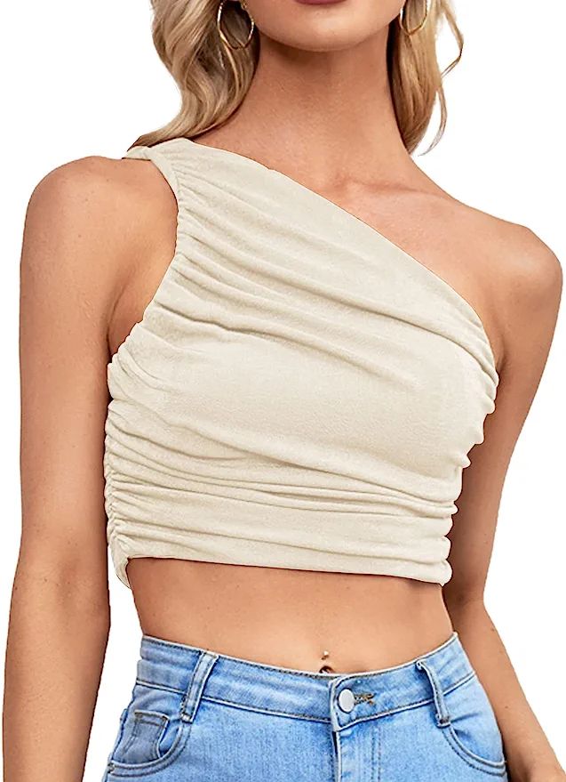 LYANER Women's Sexy Ruched One Shoulder Sleeveless Crop Top Strappy Cami Tank Beige Large at Amaz... | Amazon (US)