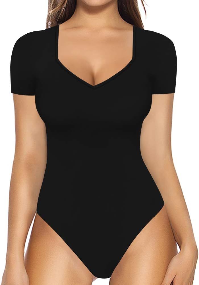 MANGOPOP Sweetheart V Neck Bodysuit for Women Short Sleeve Long Sleeve Body Suits Tops | Amazon (US)