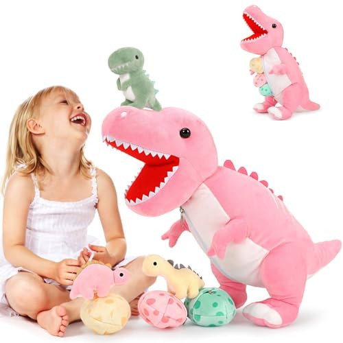MorisMos Dinosaur Stuffed Animal with Babies,23.6'' Big Mommy Stuffed Dino T-rex with 3 Baby Dino Stuffed Toys & 3 Eggs Plush Inside Belly, Boy Girl Dinosaur Toys for Kids 3-5, Pink T-rex Toys Gift | Amazon (US)