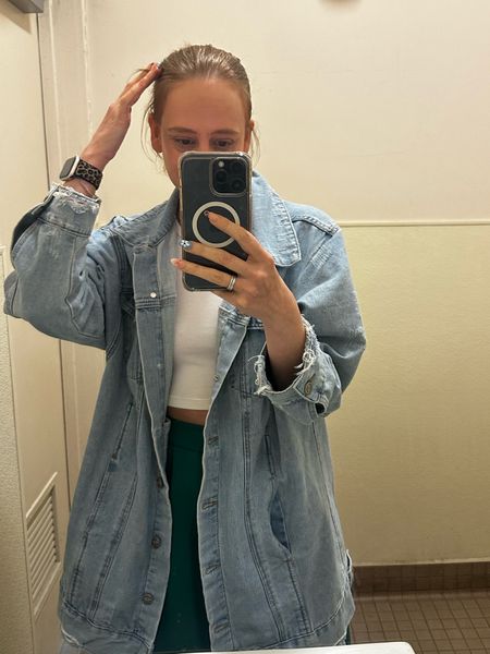 Oversized denim jacket 
White ribbed crop tank (currently only $5) 
Green trouser pants (part of a set - with a green sleeveless vest) 

#LTKworkwear #LTKSeasonal #LTKfindsunder50