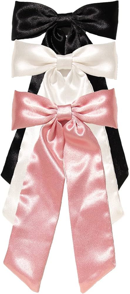 Furling Pompoms Bow Hair Clips with Long Tail,3pcs Hair Ribbon Bows for Women,Big Bows for Girls ... | Amazon (US)